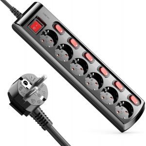 Bloc Multiprise 6 Prises Commutable Individuellement C&acirc;ble de 3,0m (6X Interrupteur Marche/Aarr&ecirc;t et 1x Interrupteur Principal) Courant Barrette &Eacute;lectrique Prise Multiple - Noir - Neuf