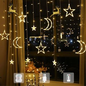 KAL-Rideau Lumineux Noel Étoiles Lune 3,5M Guirlande Lumineuse Rideau Pile/Usb, 8 Modes, Ip44 Étanche, Rideau Lumineux Interieur Exterieur Noel Decoration, Fenetre, Garden, Party, Blanc Chaud - Neuf