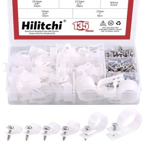 CHECARZHN--NO1-Lot De 135 Colliers De Serrage En Plastique Blanc 6 Tailles De Type R Avec Vis Pour Câble De Gestion De Fil (Clips De 6 Mm À 23 Mm) - Neuf