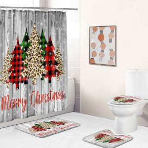 Arbre De No&euml;l En Forme De Rideau De Douche Set De 4 Avec Antid&eacute;rapant Tapis, Toilette D'un Couvercle Et Tapis De Bain, Arbre De No&euml;l En Forme De Rideaux De Douche Avec 12 Crochets (C), Rideau De Dou - Neuf