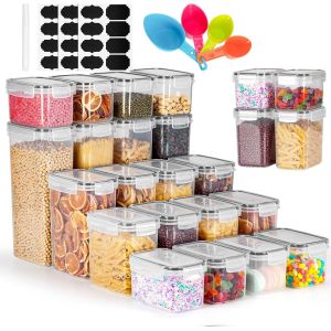 Checarzhn--No1-Boite De Rangement Cuisine Lot De 24, Sans Bpa Bocaux Hermetiques Alimentaires En Plastique Scellée Avec Couvercle, Pour Céréales,Pâtes,Farine,Sucre Etc, Avec Étiquette, Cuillère Doseu - Neuf