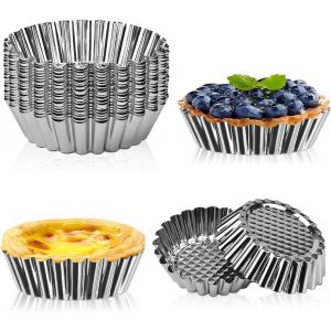 20 Pcs Moule À Tarte Aux ?ufs Acier Inoxydable Moule À Tartelettes Métal Tarte Oeuf Pan 9.6x 7.5x2.5cm Moule Cupcake Pour Tartes Gâteaux Biscuits Puddings Chocolats Diy(Argent) - Neuf