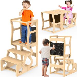 Chenquansarl-Tour D'observation Enfant,Tour D'observation Montessori,Tour D'apprentis En Bambou Naturel,Tour D'observation Pliable,Structure Anti-Basculement Stable,Avec Tableau Noir,À Partir 12 Mois - Neuf