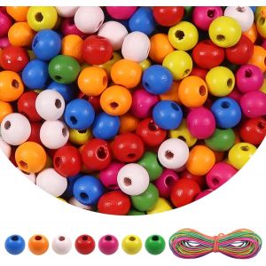 Lot De 1000 Perles En Bois Colorées Naturelles De 10 Mm Avec Trou De Boules En Bois Et Ligne Élastique De Couleur Mélangée De 5 Mètres Pour Bracelets,Colliers De Bricolage - Neuf