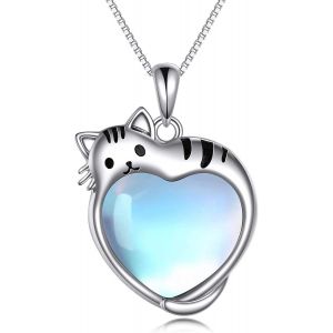Chat Collier Cadeaux Argent Sterling Pierre De Lune Coeur Pendentif Collier Animal Chat Bijoux Pour Femmes Et Filles - Neuf