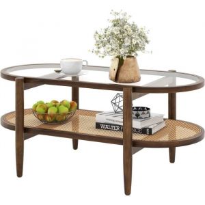 Costway Table Basse Ovale En Verre Trempé Avec Cadre En Bois D'acacia, Table De Salon 2 Niveaux Avec Étagère Ouverte En Rotin Pe - Neuf