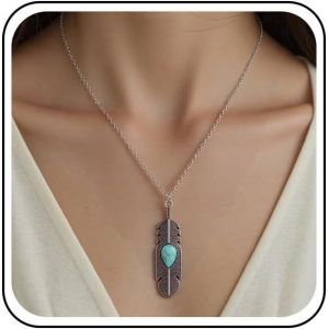 Kales-Collier Pendentif Plume Boh&egrave;me Turquoise Collier Ras De Cou Plume Argent Collier Ovale Turquoise Colliers Longues Feuilles Bijoux En Chaine Pour Femmes - Neuf