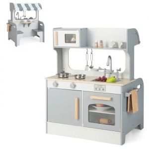 Cuisine Enfants COSTWY Double Face - 9 Accessoires, Zone Café Terrasse pour 3 - 7 Ans Gris - Neuf