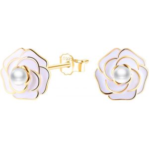 Kal-Argent 925/1000 Boucles D'oreilles Cam&eacute;lia Fleur Pour Femme Fille, Boucles D'oreilles &Agrave; Tiger Fleurs En &Eacute;mail Blanc Et Perle Clous D'oreilles Hypoallerg&eacute;niques Bijoux Femme - Neuf