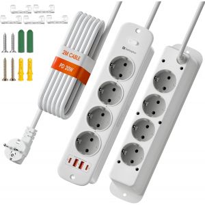 Multiprise escamotable à 8 Prises avec 2 Ports USB-A et 2 USB-C, 4000 W 16 A, câble de 2 m, Prise encastrable pour Bureau, Bureau ou Chambre à Coucher - Neuf