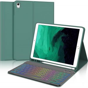 Kal-Coque Clavier Pour Ipad 9/8/7ème Gén 10.2 Pouces -Azerty Français Clavier Rétroéclairé 7 Couleurs Bluetooth Détachable Sans Fil, Étui Pour Ipad Air 3 10.5"", Vert Foncé - Neuf