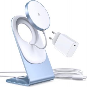 AYU-Chargeur Mag-Safe, Chargeur sans Fil avec Station de Charge iPhone, Station de Charge inductive, Chargeur à Induction magnétique, Chargeur Rapide sans Fil Compatible avec iPhone 15/14/13 Bleu - Neuf