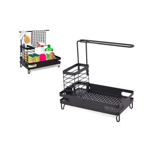 Organisateur d'&eacute;vier avec bac d'&eacute;gouttage pour &eacute;ponges, brosses et chiffons - &Eacute;tag&egrave;re en fer avec bac d'&eacute;gouttage en plastique - Neuf