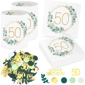20 Pi&iquest;&iquest;ces Serviettes 50e Anniversaire + 12 Pi&iquest;&iquest;ces Photophores D&iquest;&iquest;corations de Table pour 50 Anniversaire, Confettis 50e Anniversaire, Serviette Eucalyptus Homme Femme 50 Anniversaire Decoration - Neuf