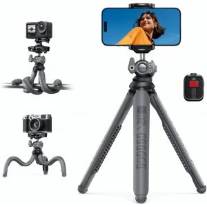 lbgwp60-Mini Trépied Pour Téléphone - [3 En 1] Trépied Flexible Pour Caméra Avec Télécommande Sans Fil, 360° Rotation, Perche À Selfie, Trépied Avec Vis 1/4'' Pour Iphone/Android/Gopro/Caméra, Gris - Neuf