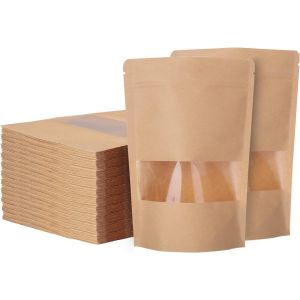 Kal-Lot De 200 Sachet Kraft Alimentaire Avec Fenetre, 9×14cm Sachet Kraft Zip Réutilisables, Imperméable Sac Kraft Alimentaire Petit Format Pour Noix, Nourriture - Neuf