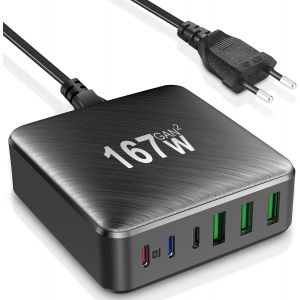 Chargeur Usb C Rapide,167w Chargeur Usb Multiple,6 Ports Chargeur Type C Avec Gan Tech Compatible Avec Macbook Pro/Air,Ipad Pro,Iphone 15/14/13/12,Samsung Galaxy,Note 20/10+,Pixel,Steam Deck - Neuf