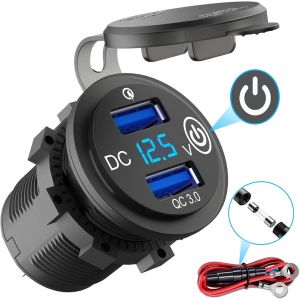 JGD-Quick Charge 3.0 Prise de Chargeur de Voiture avec Interrupteur: Prise USB &Eacute;tanche 12 Volt Adaptateur Allume Cigare avec LED Bleue Affichage de Voltm&egrave;tre pour Moto Bateau Camion Caravane - Neuf
