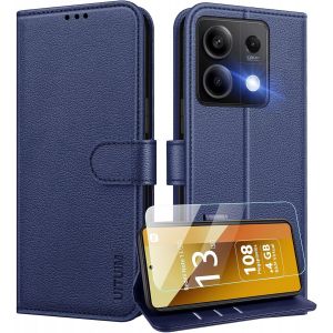 Kal-Coque Pour Xiaomi Redmi Note 13 5g (Pas Pour 4g) Coque Etui Portefeuille Cuir Avec Verre Trempé Protection Écran Porte Carte Rabat Clapet Pochette Flip Case Étui Cover Housse Etui,Bleu - Neuf