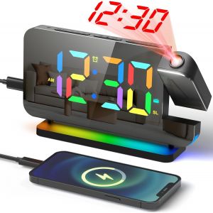 ERYI-Réveil Projecteur Plafond, Grand Radio Réveil Miroir Multicolore, 6 Luminosité De L'Écran, Horloge Numérique À Projection 180° Reveil Projecteur Fm, Ports Usb Et Type-C, 12/24 H Avec Adaptateur - Neuf
