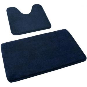 Lot de 2 Tapis Salle de Bain,Tapis WC Contour et Tapis de Bain Bleu Marine,Microfibre Antidérapants Lavable en Machine,50 x 80 cm + 50 x 40 cm - Neuf