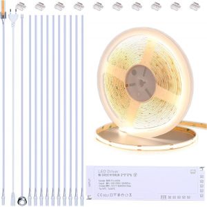 Kalanka-12v Ruban Led Cob Cuisine Sous Meuble 10m, Bande Led 4000k Blanc Naturel Dimmable, Bandeau Led Connecté Adhésif Cri 93 Avec Variateur Et Alimentation, Pour Dressing Escalier Placard - Neuf