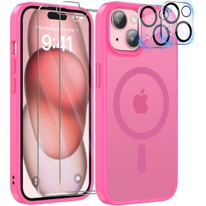 5 in 1 Coque pour iPhone 15 Aimant&iquest;&iquest;e avec 2 Verres Tremp&iquest;&iquest;s et 2 Cam&iquest;&iquest;ra Protecteur, Compatible MagSafe Dos Anti Rayures Coque Magn&iquest;&iquest;tique Antichoc TPU Bumper 6,1&iexcl;&macr;&iexcl;&macr; Case (Rose Vif) - Neuf