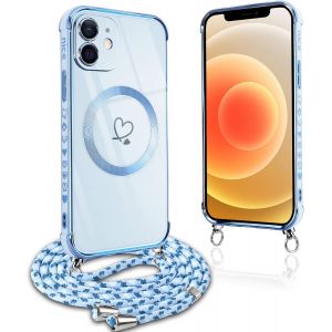 Eryi-Coque Magnétique Pour Iphone 12 Con Cordon, Compatible Avec Magsafe, Silicone Housse Avec Motif Coeur D'amour Réglable Collier Lanyard, Antichoc Et Anti-Chute Etui Pour Iphone 12 6.1"", Bleu - Neuf