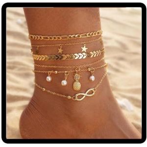 Cmjaagur-5pcs Plage Stratifié Ananas Pearl Star Or Amour Éternel Cheville Bracelet Plage Pied Bijoux Femmes[M855] - Neuf