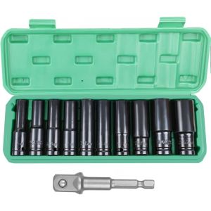 11 Pcs Douille A Choc,Coffret Douille Hex Longue 1/2'',Coffret Douille Longue Et Adaptateurs 10,12,13,14,15,16,17,19,22,24 Mm,Douille Cle A Choc Avec Coffret En Plastique - Neuf
