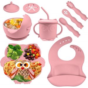 Kal-9 Pi&egrave;ces Coffret Repas Bebe Silicone, Set Vaisselle Pour B&eacute;b&eacute; Silicone, Assiette Ventouse, Bavoir Bebe, Couvert Enfant Et Tasse Apprentissage En Silicone Sans Bpa - Neuf