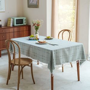 Nappe Carr&eacute;e &Agrave; Franges (140 X 140 Cm), Motif Taro Caf&eacute; Double Ligne, En Coton Et Lin. Lavable Et Moderne, Id&eacute;ale Pour La D&eacute;coration De Table De Cuisine. - Neuf