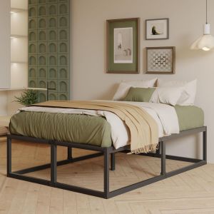 SUBZONAL-Cadre de Lit 120x190 avec Sommier en M&eacute;tal 46 cm de Haut, Cadre de Lit Plateforme R&eacute;sistant avec Support &agrave; Lattes Acier, Grand Rangement sous Lit, Silencieux, Assemblage Facile, Noir - Neuf
