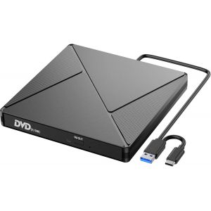 KALANKA-Lecteur CD/DVD Externe pour PC, USB 3.0 et USB-C Graveur DVD Externe Optique Portable CD/DVD -/+RW Drive, Mince DVD Player Transmission Rapide Câble USB Intégrée pour Windows/MacOS/Laptop/Des - Neuf