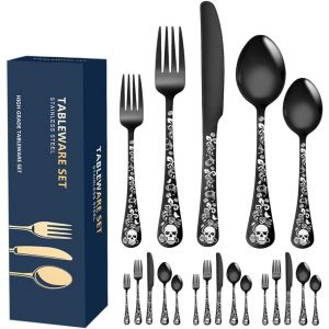 Xiaoyu Ensemble De Couverts Bizarres De 20 Pièces, Ensemble D'argenterie De Crâne Gothique Pour 4, Motif Unique De Fleur De Squelette, Ustensiles De Table Pour Événement D'halloween, Noir - Neuf