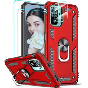 Kal-Coque Pour Xiaomi Redmi Note 10 4g/ Redmi Note 10s Avec 2 Verre Trempé Et 2 Protection Camera, Anneau Support Militaire Anti-Chute Bumper Antichoc Rigide Armure Housse Etui Rouge - Neuf