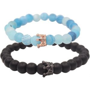 Bracelet Couple, Couronne Roi Et Reine Noire Et Bleue, Bracelet 8 Mm - Neuf