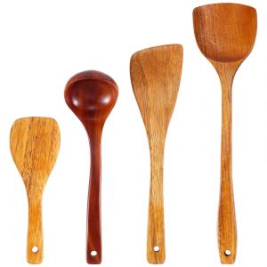 4 Pcs Pelle En Bois Cuillère Antiadhésif Bois Long Riz Spatule Cuisine Ustensile De Cuisine Sauté À La Main Trop - Neuf