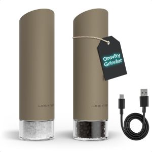 Moulin à Sel et Poivre Électrique Gravity - Moulins Automatiques Rechargeables USB-C, Mouture Réglable, Utilisation à Une Main pour la Cuisine (Taupe Brown) - Neuf