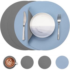 ERYI-Set De Table Lot De 4, 38Cm Set De Table Cuir Et Dessous De Verre Double Face Set De Table Lavable Imperméables Set De Table Rond Plastique Dessous De Table (Gris & Azuré) - Neuf