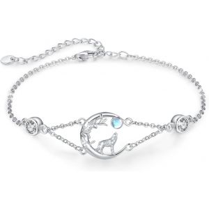Bracelet Loup Pour Femme En Argent Sterling Avec Pierre De Lune - Réglable - Cadeau Pour Fille, Argent Sterling - Neuf