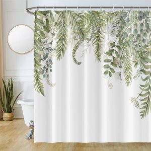 KAL-Rideau Douche Vert, Rideau Douche 180X220Cm Anti Moisissure Feuilles D'Eucalyptus Fleuri Motif Rideaux De Baignoire Tissu Lavable Imperméable Polyester Rideaux Salle De Bain Avec 12 Crochets - Neuf