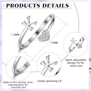 Kalanka-Milacolato Bague Argent 925 Femme Initiaux De Coeur En Argent Sterling Pour Femmes Filles 18k Plaqu&eacute; Or Initial Coeur Empilable Anneaux R&eacute;glables Pour Adolescentes Mignon Coeur Alphabet Lettre - Neuf