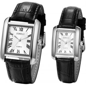 Montre Homme Femme Rectangulaire En Cuir,Montre Couple &Agrave; Bracelet Analogique Quartz,Montre Couple Pour Les 2 Simple Avec Chiffres Romains,Cadeau Saint-Valentin - Neuf