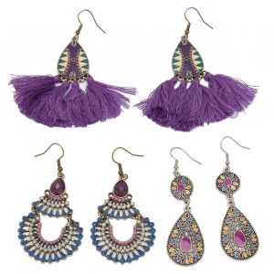 3 Paires De Boucles D¿Oreilles Ethniques À Pompon Ensemble : Style Vintage Léger Pour Femmes Et Filles En Violet - Neuf