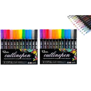 Lot De 2 Feutres &Agrave; Double Trait, 8 Couleurs Chacun, &Agrave; Base D'eau, Non Toxiques, Pour Gribouiller Et Dessiner - Neuf