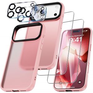 Kwey-Pour Iphone 17 Pro Coque - 5 En 1 Kit Case Protection Pour Iphone 17 Pro,1 Cover & 2 Verre Tremp&eacute; & 2 Cam&eacute;ra Arri&egrave;re Protecteur - Rose - Neuf