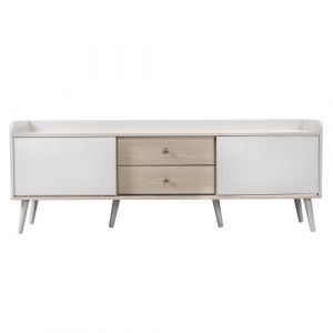 Meuble TV bas avec 2 tiroirs et 2 portes coulissantes en blanc et bois naturel, H58 L160 T40 cm - Neuf