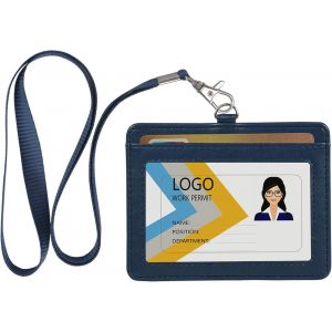 KALANKA-Porte Badge Tour de Cou, Fabriqué en Cuir PU, Avec Fenêtre Transparente, 2 Emplacements pour Cartes, Bleu - Neuf