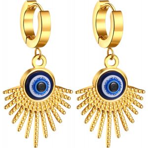 Kal-Boucle D'oreille Acier Inoxydable: Boucle D'oreille Créoles Femme Doré Mauvais ?il Avec Pendentif Bombe Etoile Fantaisie - Cadeau Femme Anniversaire - Neuf